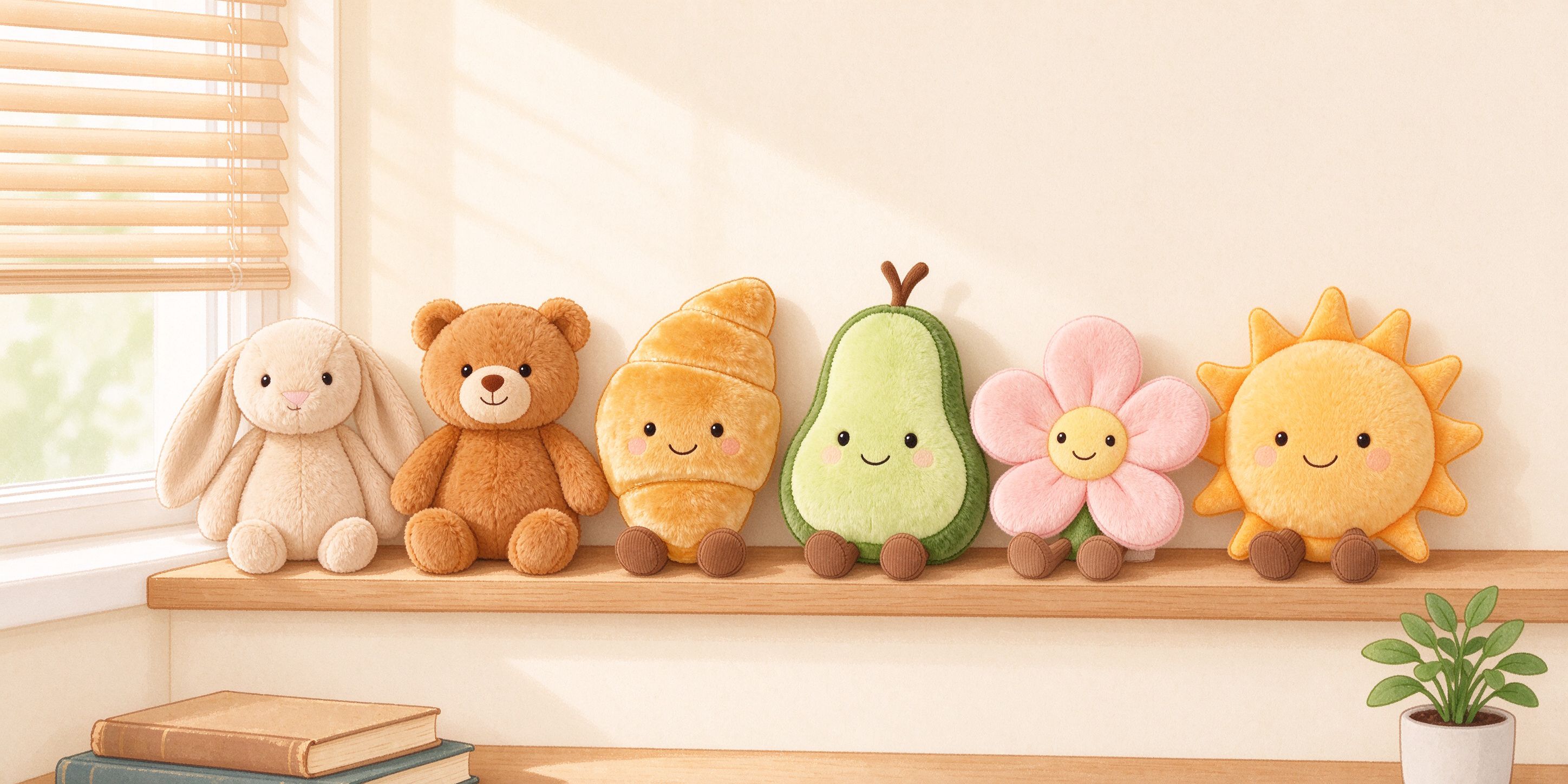 A cozy collection of soft plush toys on a shelf